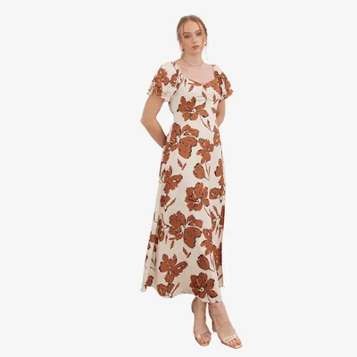 Produktbild von Lovedrobe Womens Cream Brown Floral Maxi Dress, Short Puff Sleeve Sweetheart Nec