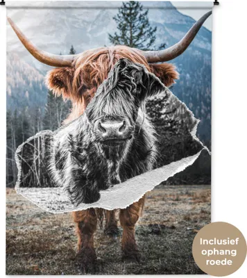 Produktbild von MuchoWow® Wandteppich Wandbehang Schottisches Hochlandrind - Tiere - Schwarz - Weiß 150x200 cm Tapisserie Dekoration Wandtuch - Wandaufhängung - Moderner