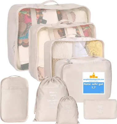 Produktbild von 8er Set Kofferorganizer beige mit Kosmetiktasche und Packtaschen (Set, 8-tlg., 8x Packtaschen), Faltbar / Verstaubar / Wasserabweisend