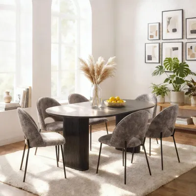 Produktbild von Set Tisch mit 6 Stühlen DONOVAN 1 Tisch 6 Stühle, 200 x 100 cm, Schwarz/Grau – ovaler Esstisch mit Metallgestell, Stühle mit Stoffbezug, modernes Esszimmermöbel-Set