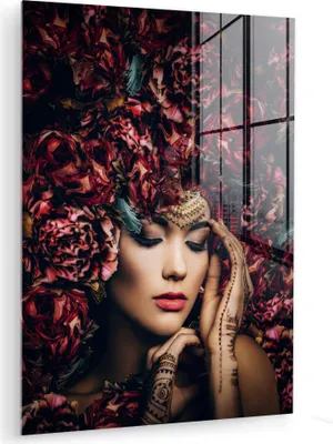 Produktbild von MuchoWow Glasbilder - Bilder auf Wandbild - Foto auf Glas Frau - Blumen - Henna - Porträt 60x80 cm Wanddekoration aus Glas - Acrylglasbild - Acrylbilder - Foto