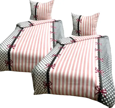 Produktbild von 4 tlg Thermo Fleece Bettwäsche 135x200 Warm Flausch Winter Rosa Weiß Gestreift