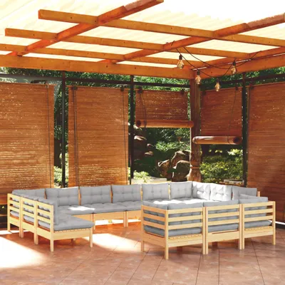 Produktbild von [Home] 13-tlg. Garten-Lounge-Set mit Grauen Kissen Kiefernholz , Neue Mode 2024 im häuslichen Leben