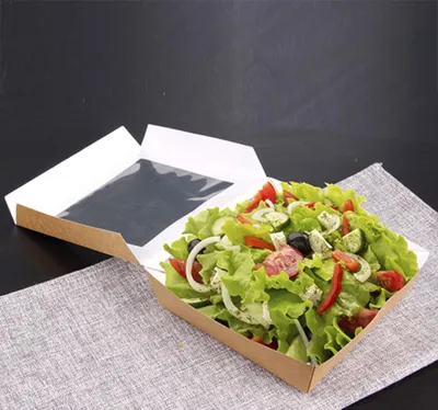 Produktbild von Feinkostboxen, Pappe mit Sichtfenster aus PLA eckig 1000 ml 16 cm x 16 cm x 5 cm braun
