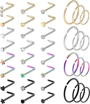 Zdjęcie produktu dla Zestaw do piercingu nosa Unyqoos® – 36 elementów, 20G (0,8 mm), stal chirurgiczna 316L, 12 pierścionków o średnicy 8 mm + 24 sztyfty typu "L", kolor: różowe złoto/srebro/kolor tęczy/czarny
