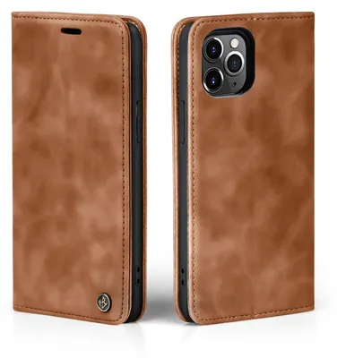 A brown leather flip case for an iPhone 11 Pro is shown from two angles.