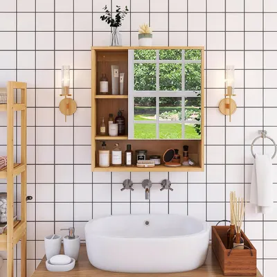 Produktbild von Famanu Spiegelschrank Wandmontage mit Spiegel - Badezimmermöbel aus Bambus