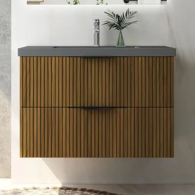 Produktbild von Waschtisch mit Unterschrank 80cm RIVA Badmöbel Set Walnussbraun Waschbecken Dunklegrau mit Unterschrank Softclose