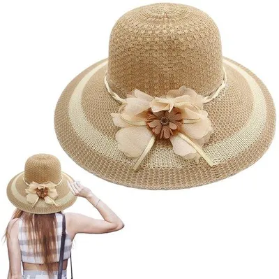 Obrázok produktu pre Unyqoos® dámska slamenná čiapka so širokou krempou, elegantnou mašľou a nastaviteľnou bradou – skladacia, priedušná, obvod hlavy 55–60 cm, ideálna na pláž a cestovanie