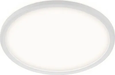 A product shot of a white, oval-shaped LED ceiling light with a thin, raised edge.