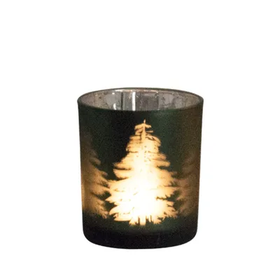 Produktbild von 2 Grüne Windlichter Teelichter mit Waldmotiv aus Glas
