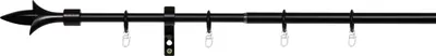 A black adjustable curtain rod with decorative finials and rings, shown against a white background.