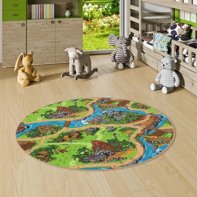 Produktbild von Kinder Spiel Straßen Teppich Dino Welt Grün Rund, Größe:200 cm Rund