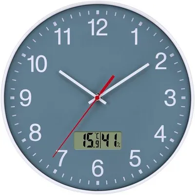 Image de Unyqoos® Moderne : Horloge murale silencieuse avec affichage de la température et de l'humidité, écran LCD, fonctionnant sur piles, couleur bleue, diamètre 30 cm