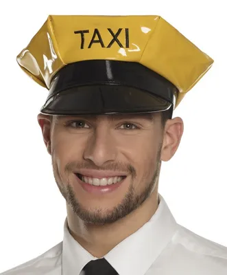 A man wearing a yellow taxi driver hat.