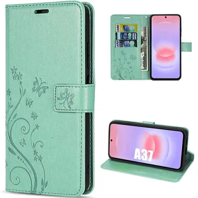 Image de Coque pour Samsung Galaxy A37 5G, Protection Anti-Rayures Synthécuir Vert Motif Floral Papillon