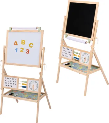 Produktbild von Sunny Nola Staffelei für Kinder aus Holz Naturbraun | Whiteboard, Kreidetafel und Papierrolle | Magnettafel Inklusive Rechenrahmen, Uhr und