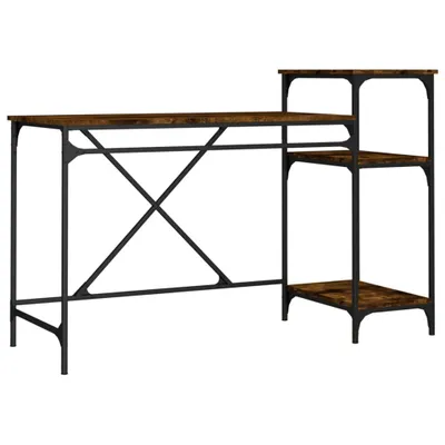 A product shot of a desk with shelving on a white background.