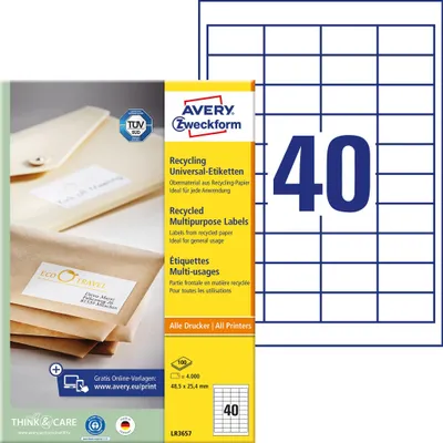 Produktbild von Universal-Etiketten RC A4 48,5x25,4mm 100 Bogen/4.000 Etiketten naturweiß Packung mit 5 Stück