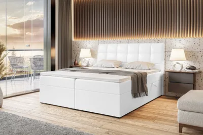 Produktbild von MEBLINI Boxspringbett mit Bettkasten - Gepolstert Doppelbett mit Matratze und Topper - Polsterbett mit Stauraum - Bett mit Kopfteil - Stauraumbett - DRAGO - 140x200 - H4/Weiß Kunstleder