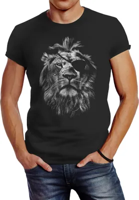 Produktbild von Cooles Herren T-Shirt Löwe Print Aufdruck Motiv Slim Fit Neverless® anthrazit XL
