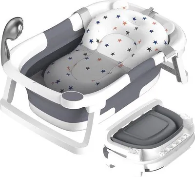 Produktbild von Famanu Faltbares Babybadewanne - Tragbare Badewanne für Neugeborene bis Kleinkinder mit Antirutschmatte und Ablassventil (Grau + Babybadmatte)