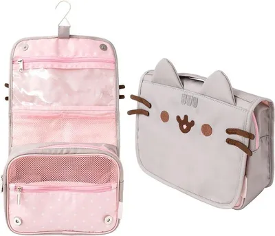 A hanging cosmetic bag designed to look like the character Pusheen is shown in two states: open and closed.