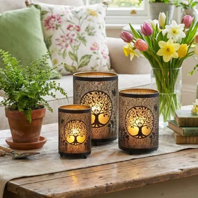 Productafbeelding van Levensboom Kaars Lantaarn 13 cm & 16 cm & 19 cm hoog geëtst brons metalen kandelaar decoraties voor woonkamer tafelblad feesten patio ingang binnen