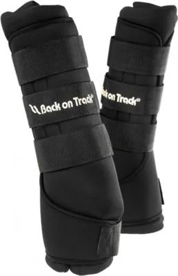 Two black horse leg wraps are shown standing upright against a white background.