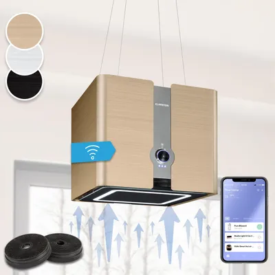 Produktbild von Klarstein Futurelight Smart Dunstabzugshaube freihängend - Abzugshaube Umluft mit 413m³/h Abluftleistung, Inselhaube Umluft mit LED-Beleuchtung, Edelstahl, gold