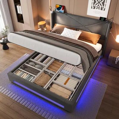 Image de OKWISH Lit Coffre 140x200 cm - Lit Double Capitonné avec Rangement Hydraulique, Éclairage LED et Ports USB - Sans Matelas - Velours Gris