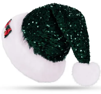 Produktbild von Weihnachtsmütze Erwachsene Deluxe Velours Nikolausmütze mit Plüschkrempe und goldenen Pailletten Schneeflocke Grün mit Glocke