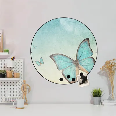 Produktbild von Design Stahlmagnettafel Schwarz Rund 47cm Blaue Schmetterlinge