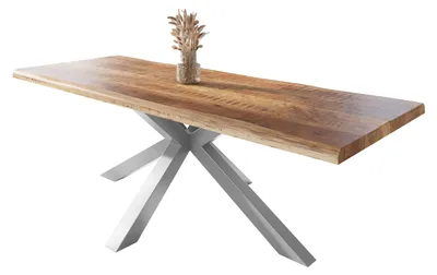 Produktbild von Esstisch Baumkante massiv Mango rough 260 x 100 Spider-Gestell silber ATLAS