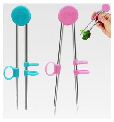 Produktbild von Essstäbchen, 2 Paar, Training, wiederverwendbar, Metall, Edelstahl, Lern-Essstäbchen, Helfer für Erwachsene, Besteck (blau + pink)