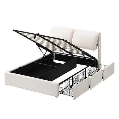 Produktbild von Flieks Polsterbett 140x200cm mit 3 Schubladen, Hydraulisches Boxspringbett Stauraumbett mit Lattenrost, Doppelbett Jugendbett Holzbett, Samt, Weiß