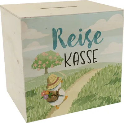 Produktbild von Ente auf Reisen Spardose aus Holz mit Spruch Reisekasse