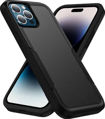 A black iPhone case is shown in a studio shot.