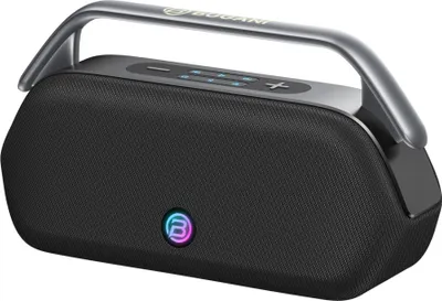 A black portable Bluetooth speaker with a silver handle.