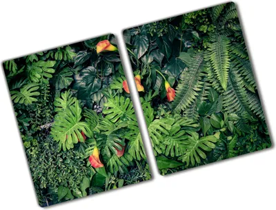 Produktbild von Tulup Glas Herdabdeckplatte - 2x40x52 cm - Glaskeramikkochfeld-Abdeckung Spritzschutz Glasabdeckplatte Kochplattenabdeckung und Schneidebrett - Zweiteilig - Blumen & Pflanzen - Exotischer Dschungel - Grün