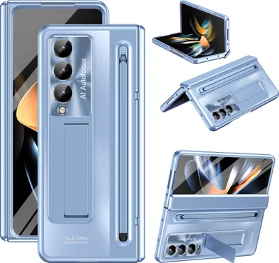 Produktbild von Handyhülle für Samsung Galaxy Z Fold 4 5G mit S Pen und Stiftablage, Displayschutzfolie, Scharnierschutz, Stoßfest Ständer Schutzhülle Blau
