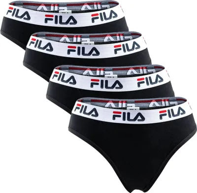 Zdjęcie produktu dla FILA Damskie brazylijskie majtki - 4-pak, logo w pasie, bawełna stretch, jednolity kolor czarny XS