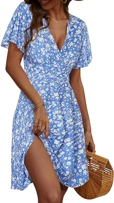 Produktbild von Sommerkleid M, blaue Blumen, V-Ausschnitt, kurze Ärmel, Taschen, Rüschen, Wickelkleid, Strandkleid