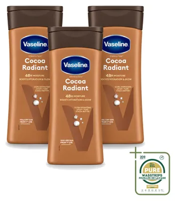 Immagine prodotto di 3 confezioni di crema corpo illuminante al cacao Vaseline - Riparatrice - 200 ml - Confezione risparmio - 3 pezzi