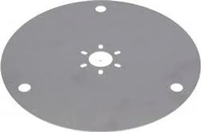A gray circular metal disc with several holes, including a central star-shaped pattern and three larger holes around the perimeter, set against a white background.