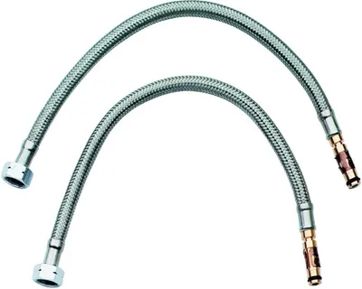 Two flexible metal hoses with connectors on a white background.