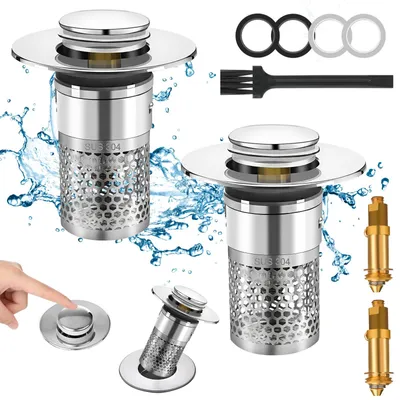 Produktbild von Ablaufstopfen, 2 Stück, Universal-Ablaufstopfen für Waschbecken, 34-40 mm, Edelstahl, mit Sieb, Bodenablauffilter, Pop-up-Ablaufventil, Duschablaufsieb für Aufsatzwaschbecken.