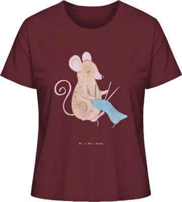 Produktbild von Mr. & Mrs. Panda Baumwoll T-Shirt Damen Maus Stricken Größe S - Burgundy - Geschenk, Oberteil, shirt, DIY, Basic, Kurzarmshirt, Sommershirt