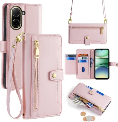 Produktbild von Handykette Hülle für Xiaomi Redmi A5 mit Band Handyhülle Kartenfächer Kunstleder Umhängetasche in Rosa
