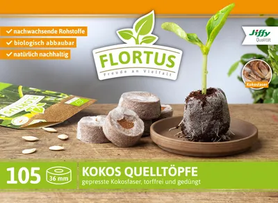 Produktbild von Kokos Quelltöpfe 36 mm | Kokos Quelltöpfe von FLORTUS, Menge (Stück):105 Stück